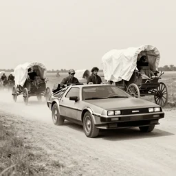 a monochromatic sepia photograph of a delorean traveling in a group of covered wagons, trending on art station,