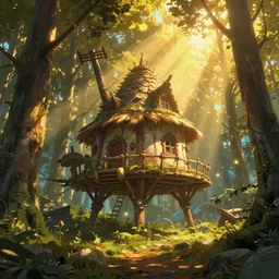 baba yaga's brutalist hut on long legs in a clearing in the forest, volumetric god rays, golden hour, ghibli, pixar, mohrbacher, james jean, breath of the wild, golden hour, magical, cinematic, moebius