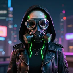 Fashionable cyberpunk girl in a leather jacket with a hood wears a gas mask with goggles, filters. Colorful 3d render of a human skull with a cross in the eyes, glowing green wires on the night bokeh in the city.
