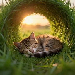 a macro photo of a small cat sleeping in the grass inside a tunel at sunset, godrays, complementary colors, warm lighting, raytracing, highly detailed, high quality, 4k HDR, concept art, octane render, unreal engine 5, high coherence