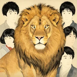 a half upper body portrait of a realistic lion by shin hanga and kawanabe kyosai and katsuhiro otomo. ukiyo - e shohei otomo and satoshi kon, and greg rutkowski weta studio and lucasfilm, woodblock print, coherent, behance, global illumination, golden ratio, flat colors, thick black outlined,