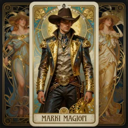 a dramatic ethereal epic symmetrical painting of a handsome cowboy in beautiful outfit with a metallic gold trim | tarot card, art deco, art nouveau,  (steampunk), homoerotic, realistic, intricate, precious metals | by Mark Maggiori and ((((Alphonse Mucha))) | trending on artstation