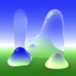 abstract shapes in a meadow with blue sky. slick, futuristic design. colorful soft gradients, translucence. pre - 2 0 0 0 s era. 9 0's computer art, early computer graphics