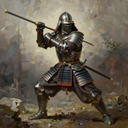 a oil painting of an Knight/samurai in a battle ready pose in the style of Jean Giraud detailed realistic High Resolution HD 8k in color