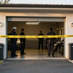 4 0 s cop exploring a crime scene in an open garage, golden hour, elegant, high quality, striking, high contrast, very detailed, bright colours, smooth, fluid, coherent, high quality, dramatic lighting, by mort kunstler and alex ross and magali villeneuve and mucha