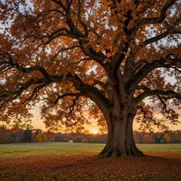 a beautiful, stunning landscape with giant oak trees in the fall during sunset by edward hopper, by craig mullins