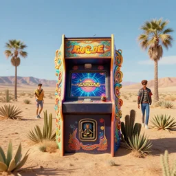80s outdoor retro arcade, desolate, desert oasis vegetation:: beeple and James Gilleard and Justin Gerard :: ornate, dynamic, particulate, intricate, elegant, highly detailed, centered, artstation, smooth, sharp focus, octane render, 3d