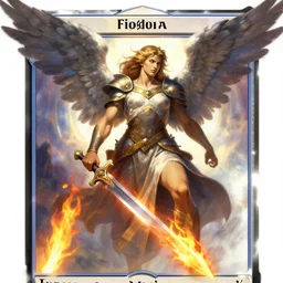 biblically accurate angel, epic propaganda poster, holding a flaming sword, strength, health, confidence, in the style of magic the gathering cart art