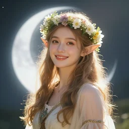 portrait, stunning ethereal half - elf adventurer, made of sunlight and moonbeams, gently smiling with a crown of flowers