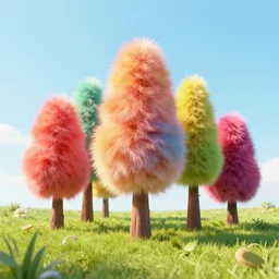 Colorful fluffy trees made of fur in a field, Cinema4D render, volumetric lighting