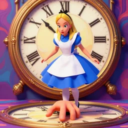 cinema 4 d colorful render, alice in wonderland clock background, psychedelic, a hand reaching from underneath, in the style of ralph steadman