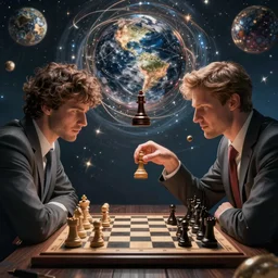 dramatic illustrations of two chess players playing the hand of the universe, dramatic surrounding, very detailed, contest winner on behance, behance hd, trendy on artstation