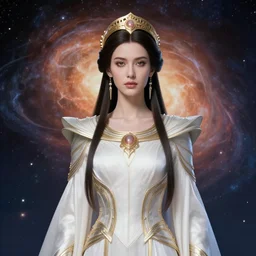 portrait of the powerful empress of the solar system in the style of charlie bowater and in the style of kim jung gi. glowing, ornate and intricate linework, stunning, dynamic lighting, ultrafine and hyperdetailed.