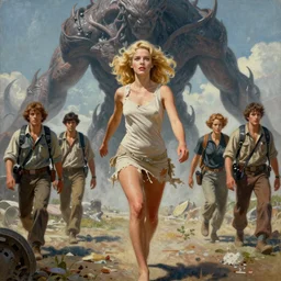a mixed media painting of one very beautiful blonde woman fleeing from a distant colossal colossus creature, elegant, aesthetic!!! symmetrical face and eyes, piercing gaze, sixties pinup, explorer, photorealistic, curvy, model, epic sci - fi art, full length, tasteful, safe for work, tattered clothes, by frank frazetta, donato giancola, boris vallejo, beeple, greg rutkowski, christian macnevin, high fantasy, prometheus, cgsociety, exquisite detail, post - processing, masterpiece, cinematic