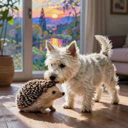 a westie dog biting a stuffed hedgehog in a living room by monet