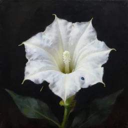 oil painting of white brugmansia suaveolens flowers, dark background, with scary eyes looking out from the darkness