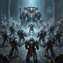 matte painting of Adeptus Mechanicus legion, by Lewis Jones, praise the omnissiah, preparing for battle, concept art, cool hue, digital painting, Warhammer 40K