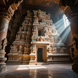 4 k dslr photo of a dramatically lit massive brightly painted great temple inspired by mayan and islamic architecture. sunbeams and shadows volumetric lighting. the room is vast and filled with very ornate structures. shadows on the floor, ancient colors