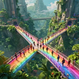incredible, refugees crossing a mindblowingly beautiful bridge made of rainbow, energy pulsing, hardlight, matte painting, artstation, solarpunk metropolis, cgsociety, dramatic lighting, vibrant greenery, concept art, octane render, arnold 3 d render