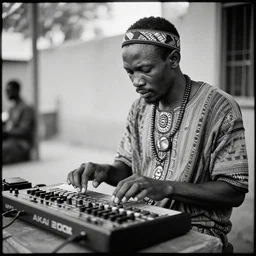 an analogue black and white photo of African tribal man playing an Akai MPC 2000XL, 35mm, f/1.4,