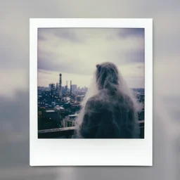 mysterious animal wrapped in smoke observing a big industrial city metropoli in the distance, cloudy sky, polaroid artistic photo