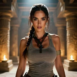 film still of!!!! megan fox!!! as lara croft in new tomb raider movie, closeup portrait, exploring interior of torchlit aztec temple, glamour pose, dramatic lighting, octane, mist, volumetric lighting, 8 k