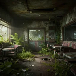 interior, abandoned diner, photorealistic, vegetation, overgrowth, cinematic lighting, global illumination, unreal engine 5, screenshot from the last of us part 2