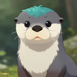 male grey anthropomorphic grey otter with turquoise hair and orange nose and white tummy, artstation, anime