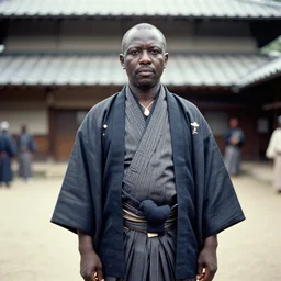 analogue photo of an Igbo tribal chief wearing Japanese Haori & Hakama, 35mm, f/1.4,photo shot my Martha Cooper,