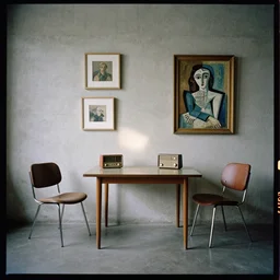 kodak portra 4 0 0, 8 k, wide flashlight shot of a highly detailed, britt marling style, colour still - life portrait of a large minimalistic room, rough concrete walls, square pictureframes, a picasso painting, a 1 9 6 0 s table, 6 0 s chair, 6 0 s radio
