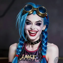 jinx : evil audrey hepburn as harley quinn braids, double long braids blue, no makeup, tane skin, blue hairs, insane crazy laugh, steampunk welding goggles, portrait shinkai makoto artgerm rossdraws james jean marc simonetti highly detailed intricate matte sharp focus digital painting artstation pixiv