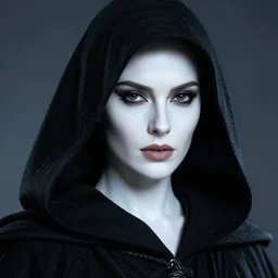 closeup portrait, beautiful woman dark lord of the sith wearing a black hooded jedi cloak, white skin, dark eyes, craig mullins, rim light, volumetric lighting, concept art, smooth, sharp focus, arney freytag, glamour pose, soft ambient lighting, octane, iso 4 0 0, 6 2 mm,