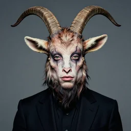 actor John Belushi in Elaborate Pan Satyr Goat Man Makeup and prosthetics designed by Rick Baker, Hyperreal, Head Shots Photographed in the Style of Annie Leibovitz, Studio Lighting