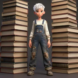full body pose, beautiful adult fairy, pixar, short white hair shaved sides, dirty, grungy, grunge, long sleeve, painted overalls, stacks of giant books, highly detailed, 4 k, hdr, smooth, sharp focus, high resolution, award - winning photo, artgerm, photorealistic
