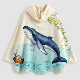 wearing a cape with a map of the sea on it. small whales. compass. boat. fabric, poncho. stitched. humpback