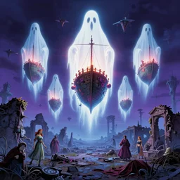 mysterious ghost ships hovering over desolate ruins, bright neon colors, highly detailed, cinematic, hiroo isono, tim white, philippe druillet, roger dean, lisa frank, aubrey beardsley, eyvind earle, ernst haeckel