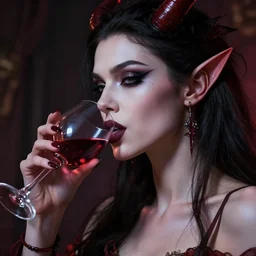 an insanely detailed portrait of a beautiful woman drinking a glass of wine as a demon whispers in her ear, highly detailed features, in the style of peter mohrbacher, artgerm, dramatic lighting and composition, octane render, trending on artstation, concept art 8 k
