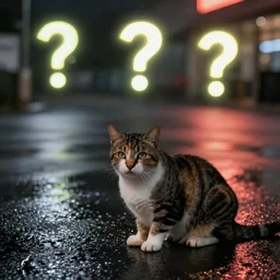 cat on a wet street with glowing quest marker above, night time, quest marker, quest marker, quest marker, quest marker