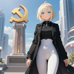 aristocratic platinum - blonde - haired bob cut blue - eyed princess wearing white leggings and black jacket, standing next to communist monument, futuristic city, anime, hd anime wallpaper, hyperrealistic lighting, volumetric lighting, drawn by artgerm