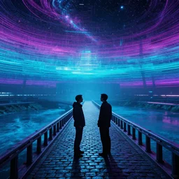 the last hologram remnants of humanity stand conversing on a neon cobblestone bridge over a river made of simulated layers, a scene set in a vast holodeck. a lonely room teetering on the edge of the universe and the spectrum of oblivion encompasses all emotion