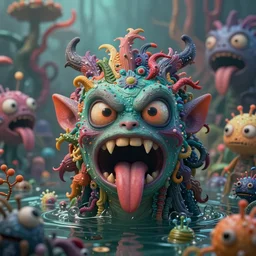 intricate colourful murky with strange cute friendly angry crazy creatures with huge beauty! eyes long tongue triangle teeth and scary face appearing from the water, in the style of craola, shallow depth of field, highly detailed, digital painting, trending artstation, concept art, illustration, cinematic lighting, vibrant colors, photorealism, epic, octane render