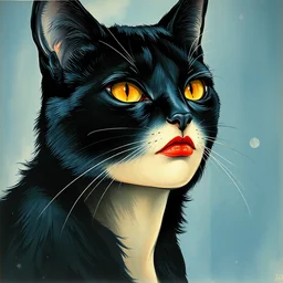 the black cat. beautiful, realistic painting by mucha and kuvshinov and bilibin and malevich. synthwave watercolor, thick lining, manga, soviet realism