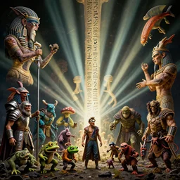 an 8 k hi res well lit dynamic ray tracing volumetric lighting god rays 8 0 mm photo of hieroglyphics of zardoz and goku monsters and goblins and ragamuffins and orcs and jim henson and hercules greek and roman mythology john snow game of thrones dragon psychedelic mushroom acid toad frog hog rat armor marvel iceland lemmings soldiers knights vikings king arthur maul horror zombie