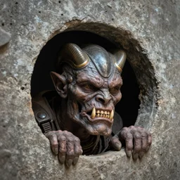 Gowron the Klingon complete with Klingon forehead ridges and Klingon sharp teeth looking into a small hole cut into a wall