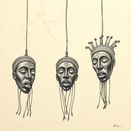 3 yoruba masks falling from the sky, outline drawing, magritte, giger, h r, hyperrealism, award winning