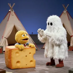 a color still from a weird 1972 kids tv show where a sad cheese puppet and a furry ghost have a tickle party with death tent