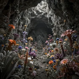 cave full of exotic flowers in a fantasy world desaturated colors