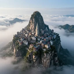 epic scale. city built inside a mountain peak. clouds below. beautiful 4 k