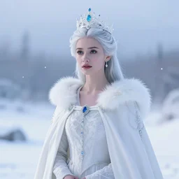 photograph of a real-life beautiful ice queen with ornate white cloak and crown in an ethereal snowy landscape. Extremely detailed. 8k