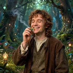 an image of frodo from lotr, snoking marijuana, feels happy in magical elf forest, greg rutkowski, tomas kinkade, artstation